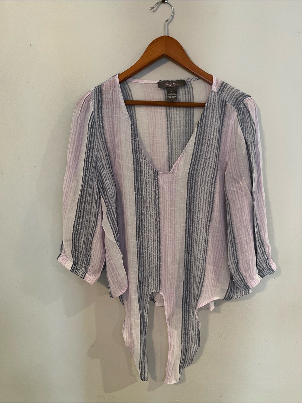 Light Pink & Gray Striped V-Neck Front Tie Women’s Top